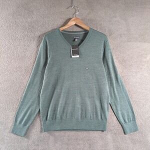 VAN HEUSEN Mens Green Merino Wool V Neck Sweater Regular Fit Size‎ M